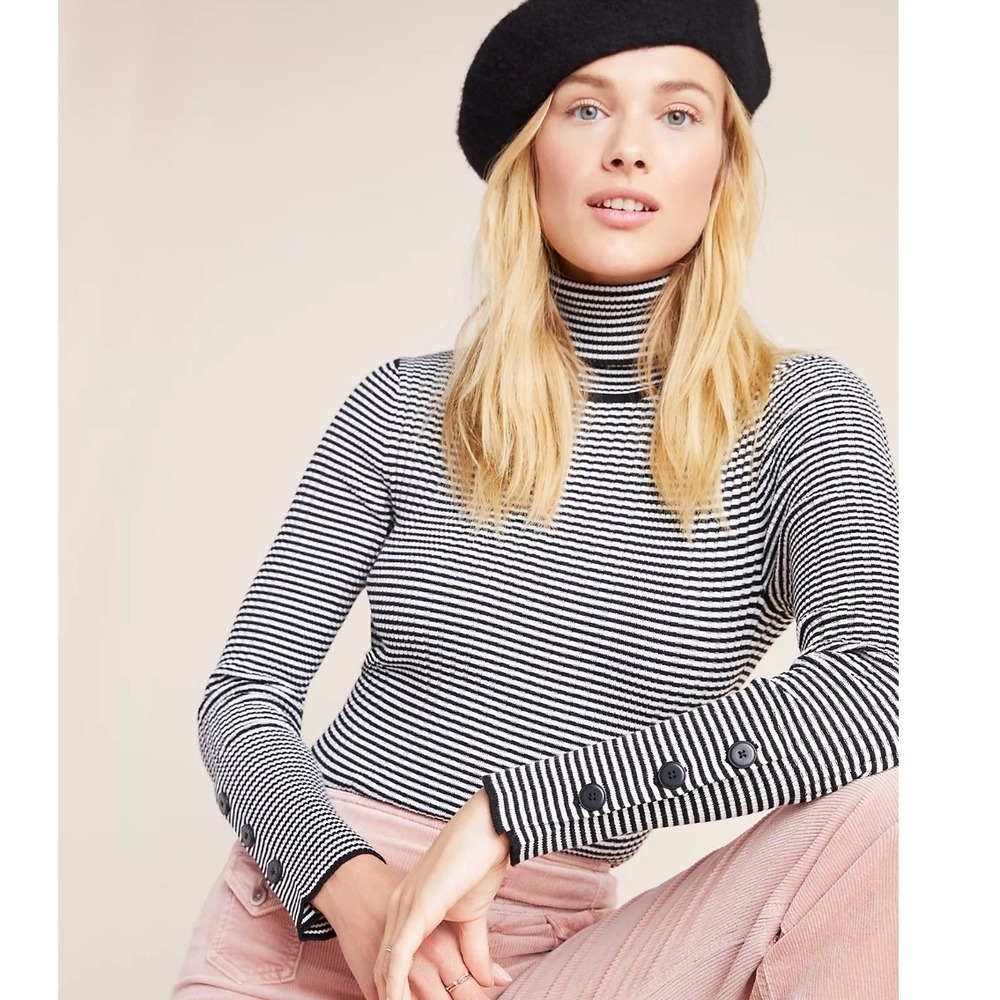 Anthropologie Turtleneck Sweater Size XS Black White Striped Button Cuff Ribbed